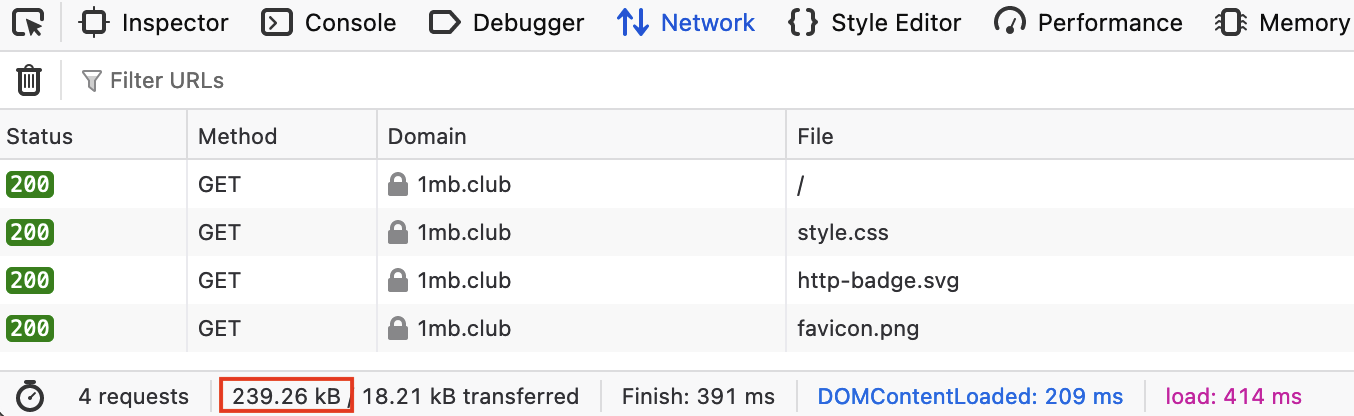 Firefox network tab showing total website size